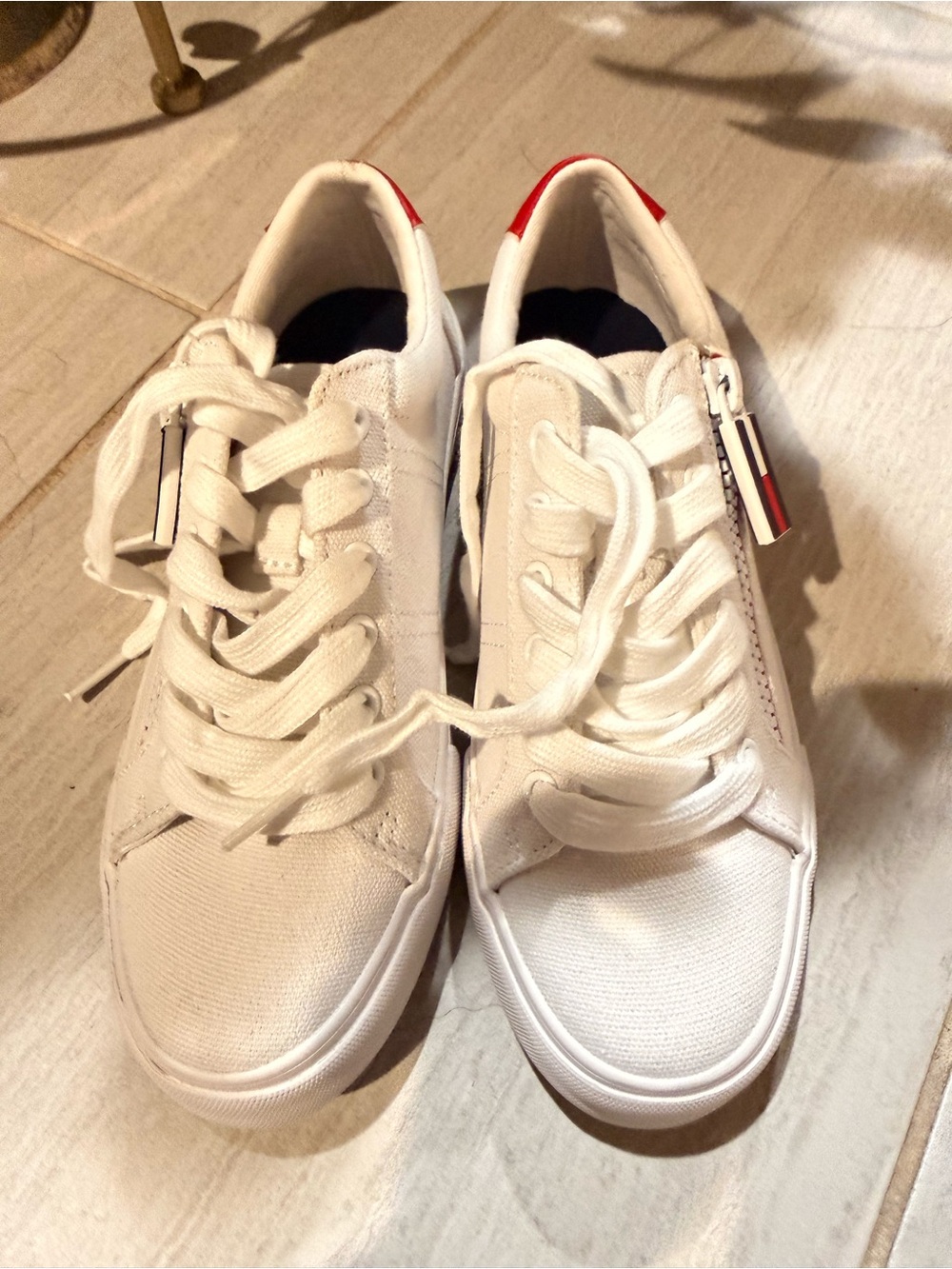 Tommy Hilfiger White Canvas Sneakers with Red Heel Accents
